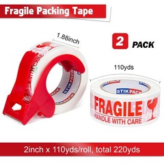 Fragile Tape with Dispenser 2 Inch x 330 Feet (110 Yards) 2 Rolls, Total 220 …